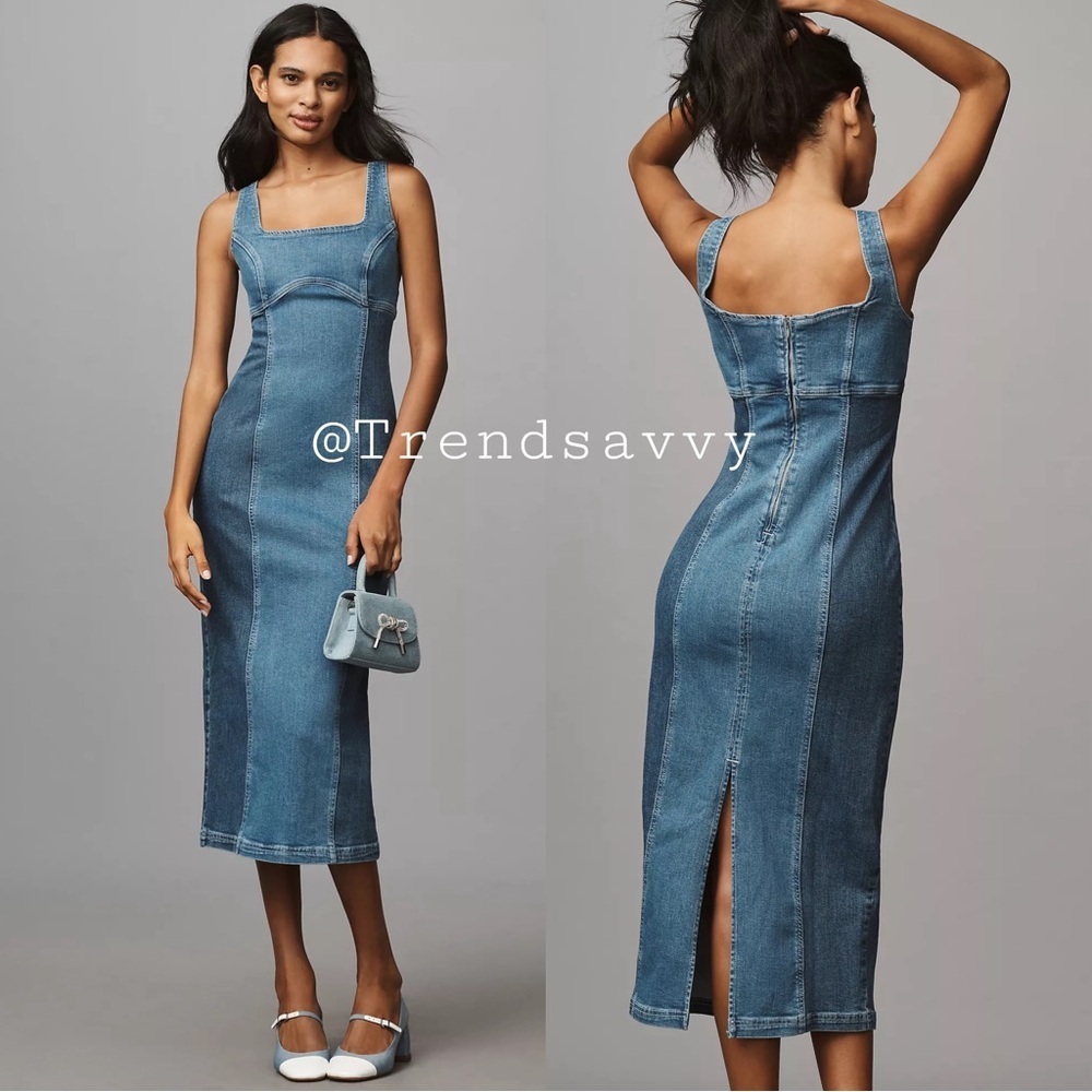 Anthropologie Pilcro Blue Denim Corset Midi Dress Small Back Slit Stretch Fitted